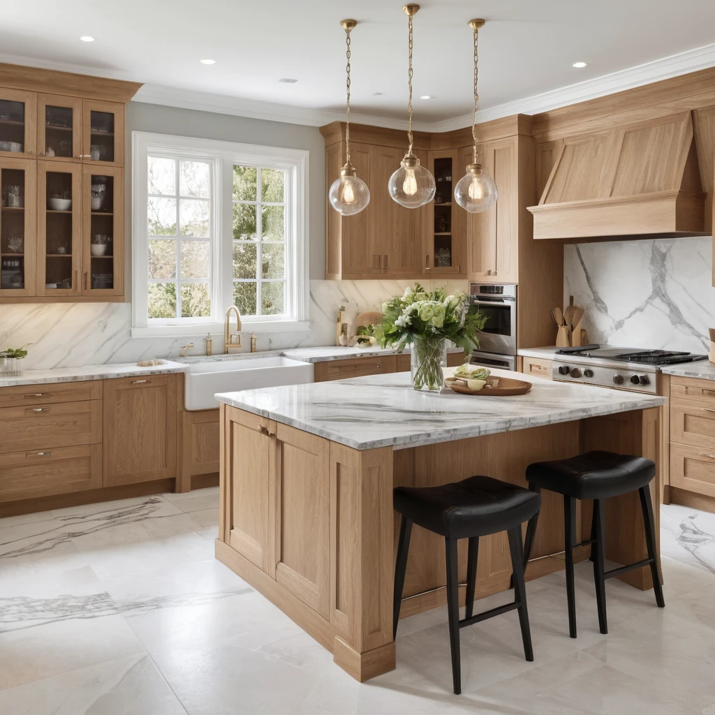 White Oak Cabinets with Marble Countertops for Luxe Sophistication