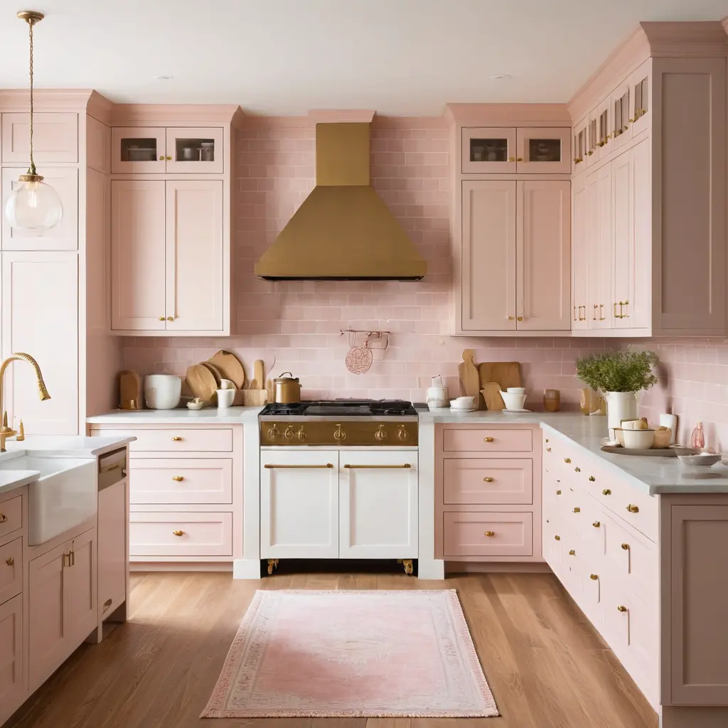 White Oak Cabinets with Soft Pink Accents for a Soft, Feminine Touch