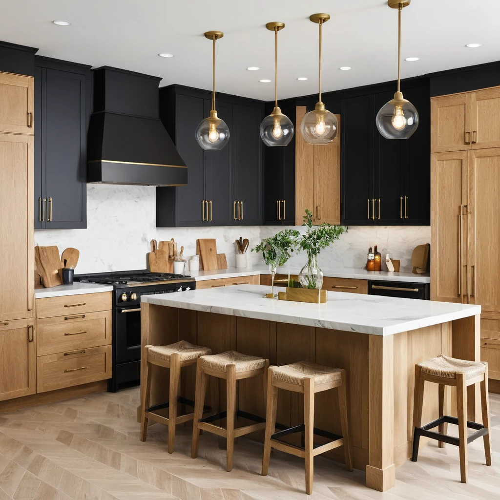 White Oak Cabinets with Statement Light Fixtures for a Bold Look