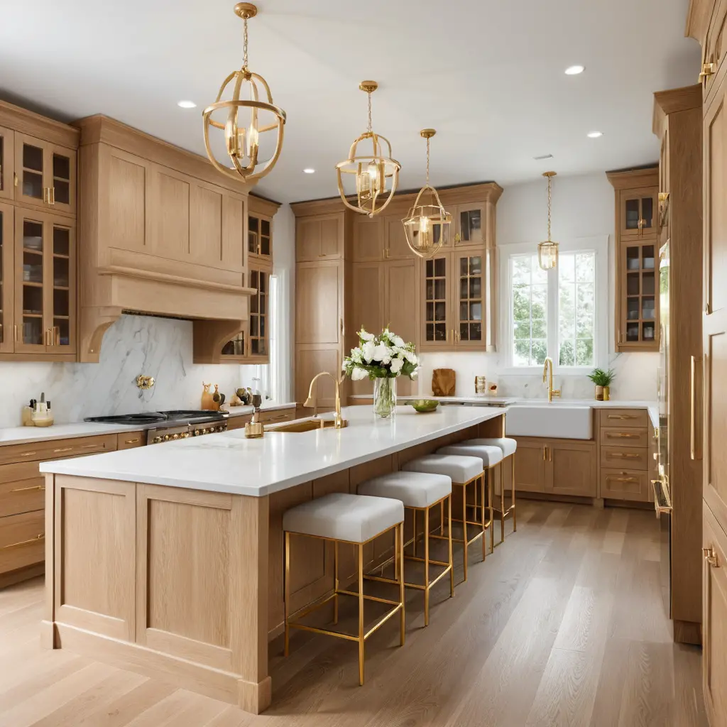 White Oak Cabinets with Warm Gold Accents for a Touch of Luxury