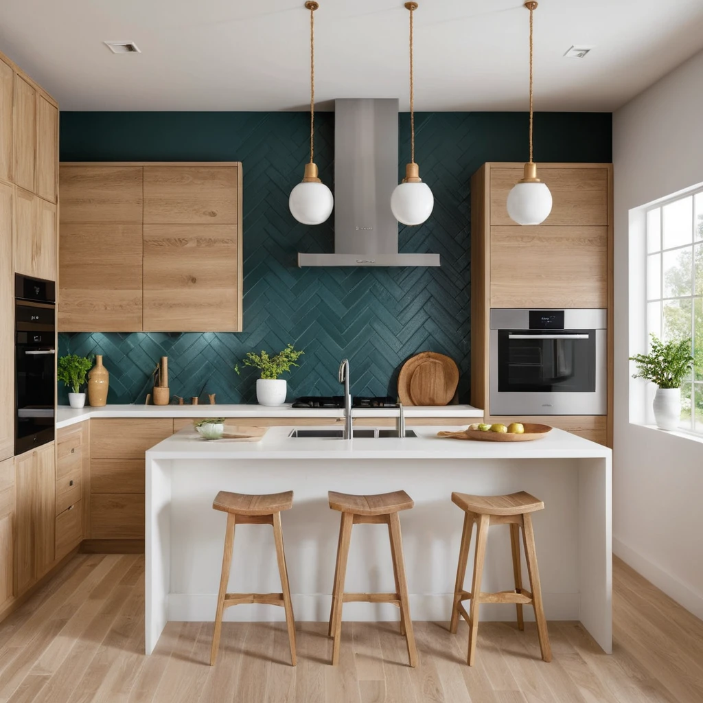 White Oak Cabinets with a Bold Accent Wall for a Dramatic Effect