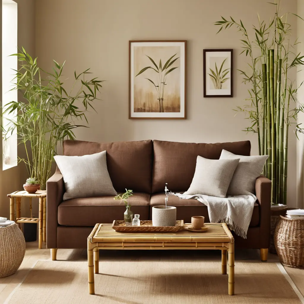 Zen Garden Vibes with Brown Sofa and Bamboo Accents