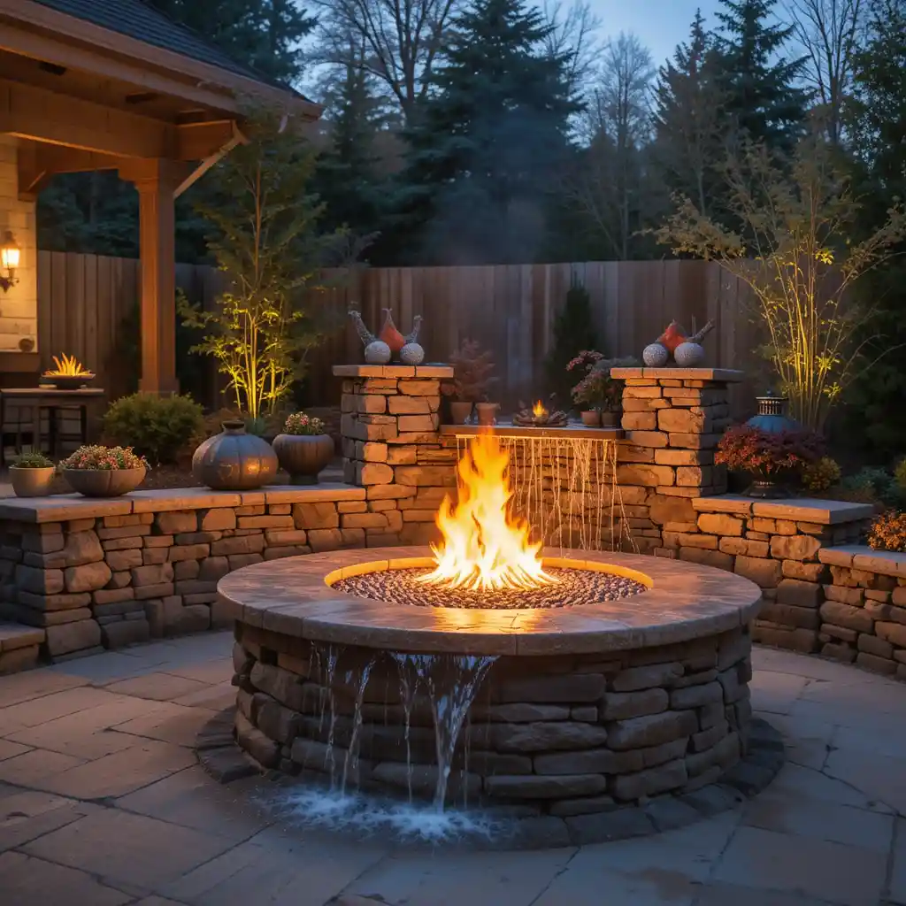 Built-in Fire Pit with Waterfall