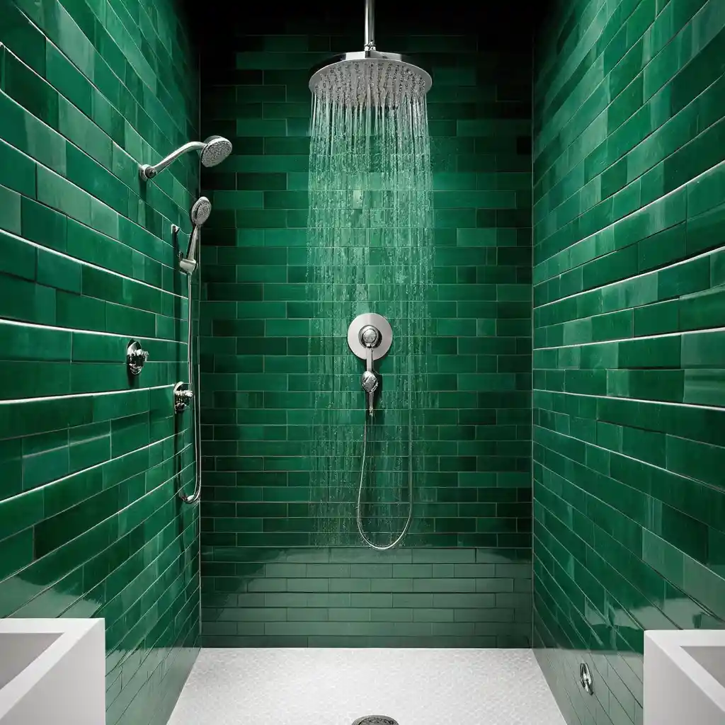 Emerald Green Tiled Shower with Rainfall Showerhead