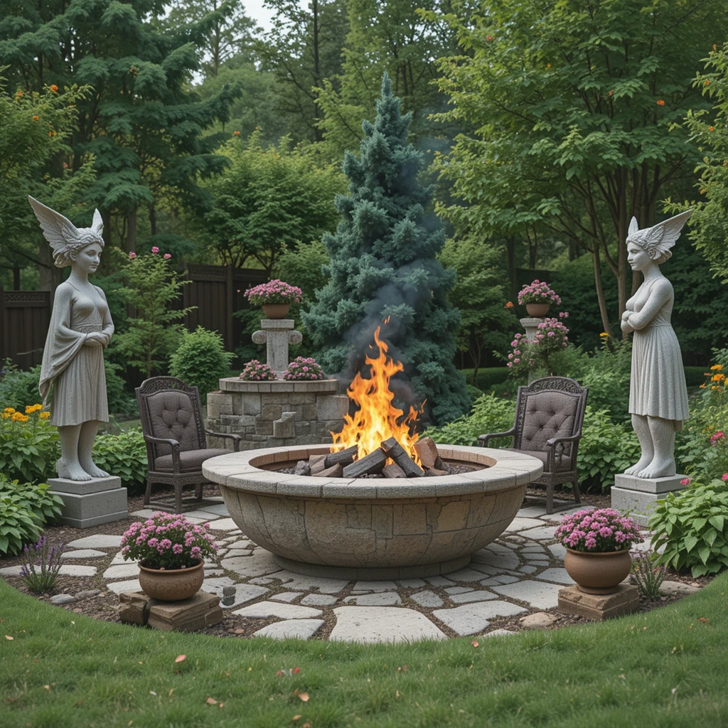 Fire Pit with Garden Sculptures