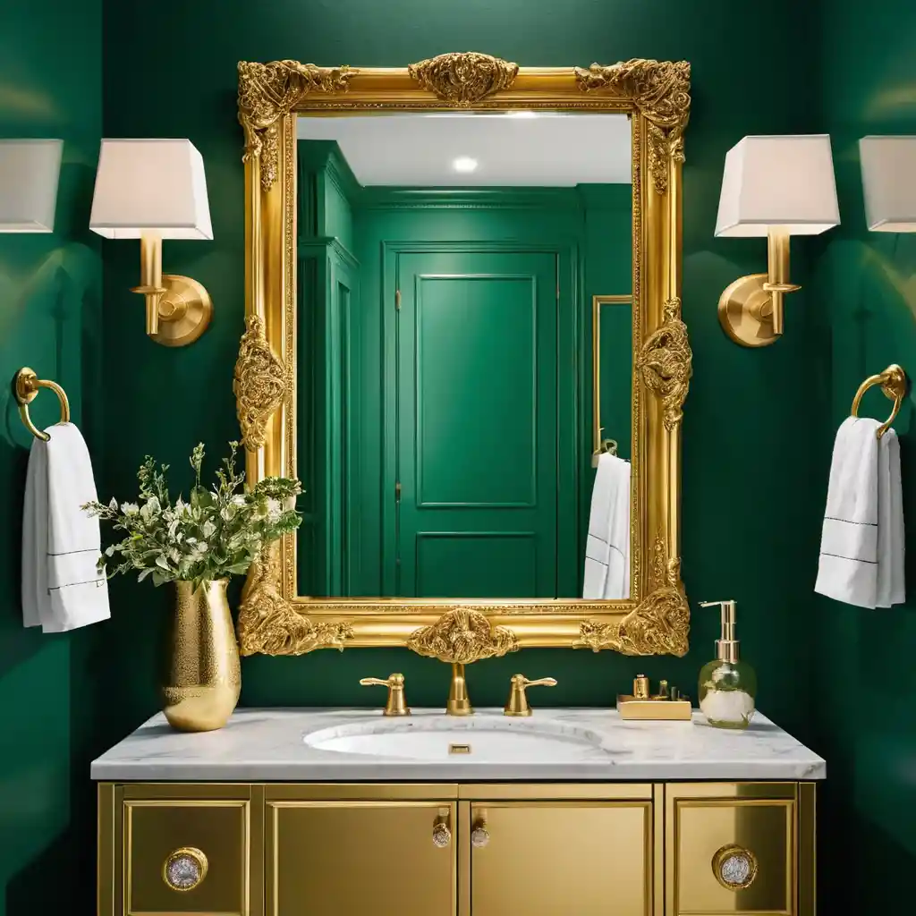 Gold-Framed Mirror with Emerald Green Walls