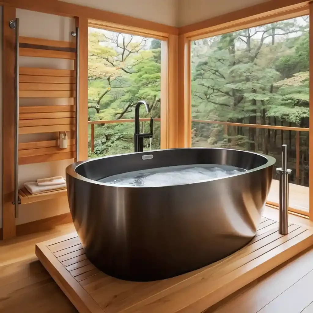 Modern Ofuro Tub with Sleek Steel Accents