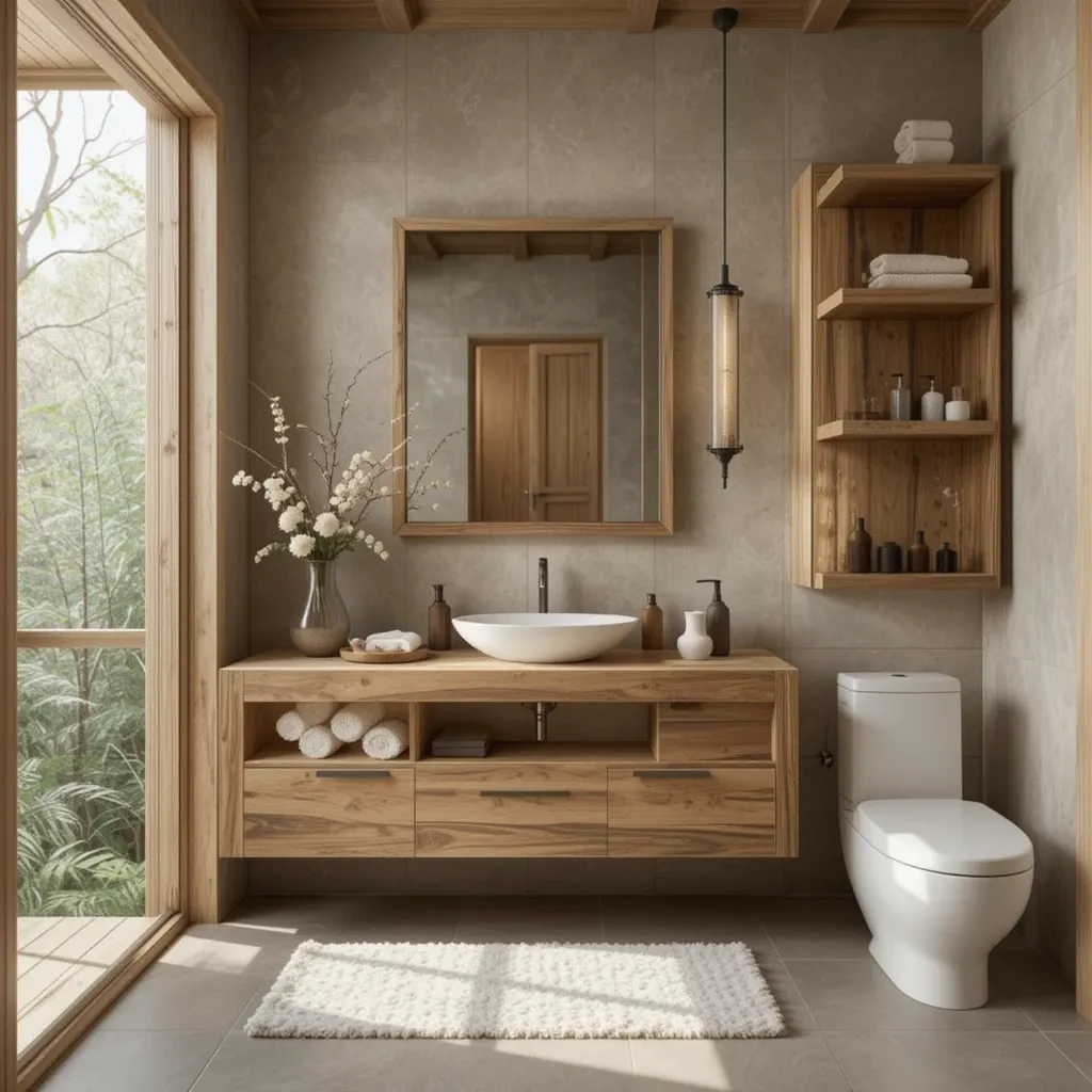 Natural Wood Accents in Vanity and Shelving