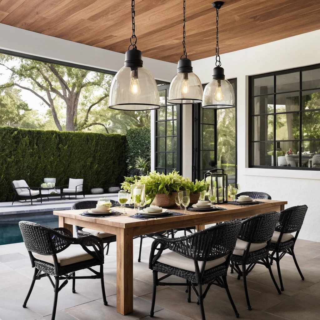 Outdoor Dining with Bold Lighting Fixtures