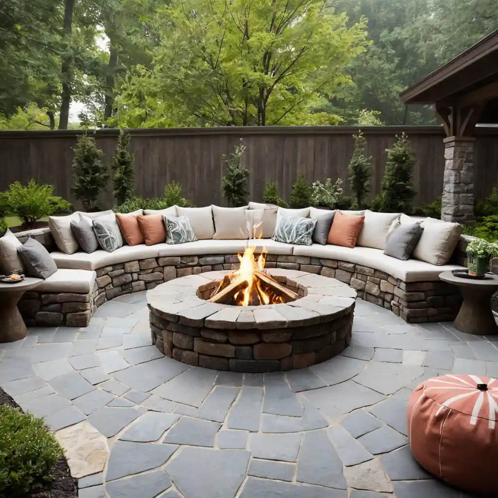 Patio with Artisan Firepit and Stone Seating