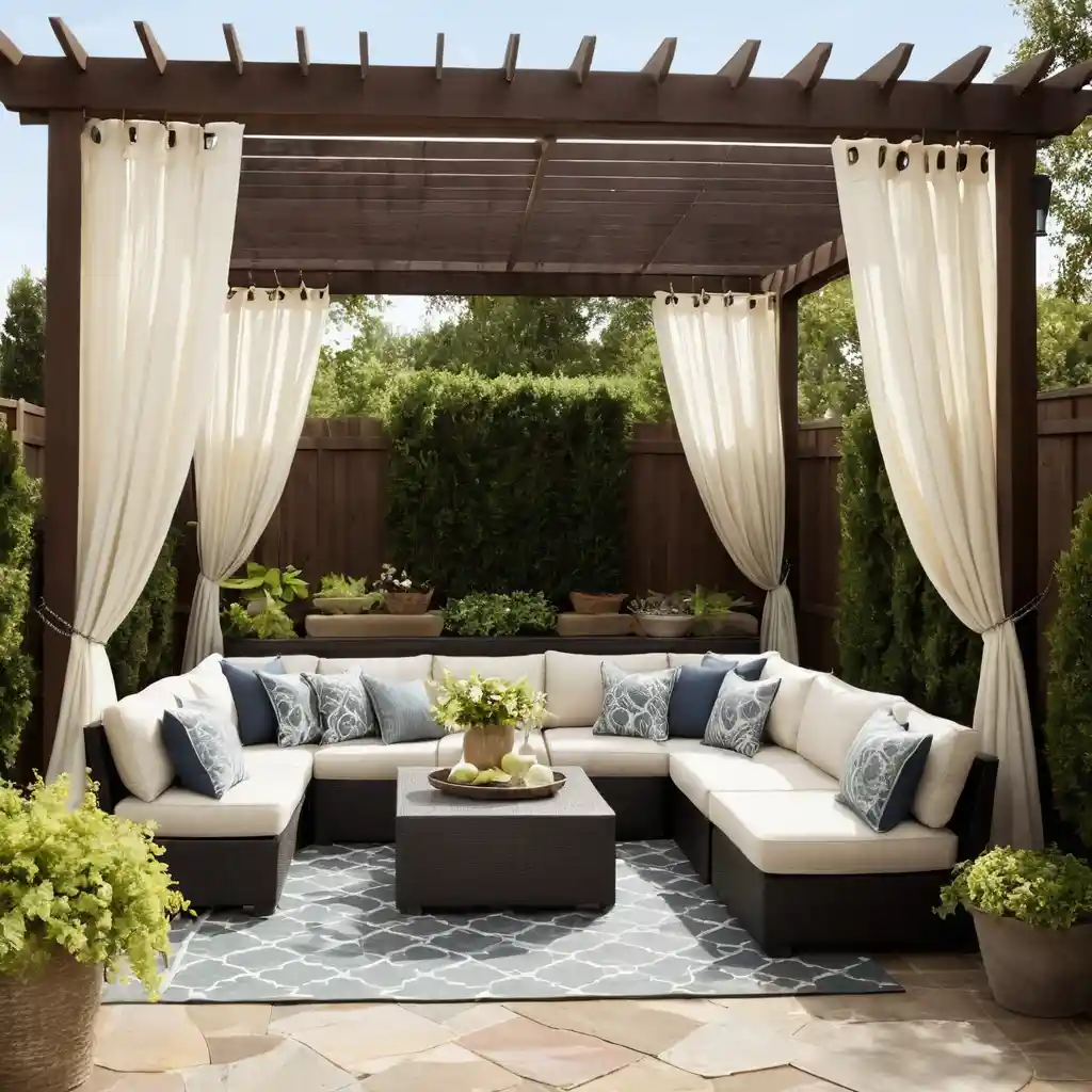 Patio with Pergola and Hanging Curtains