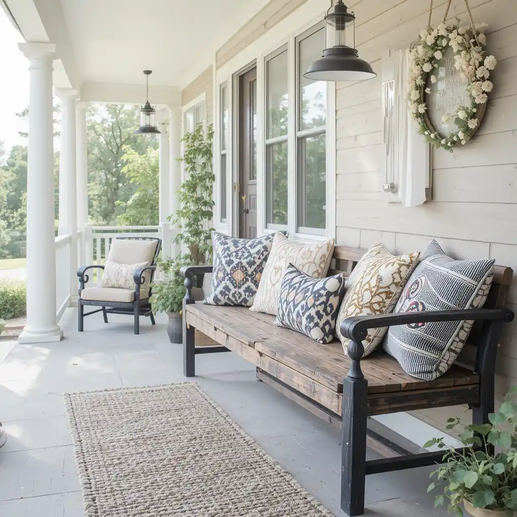 Rustic Bench with Throw Pillows