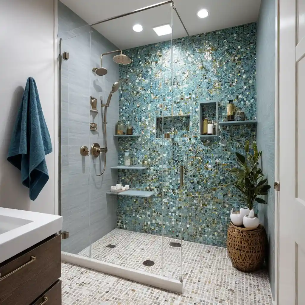 Shower with Intricate Mosaic Tile Design