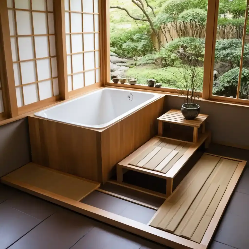 Traditional Ofuro Tub with Soft Tatami Mats 