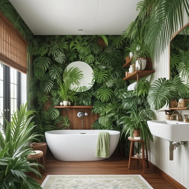 Tropical Wood Shelf with Large Ferns