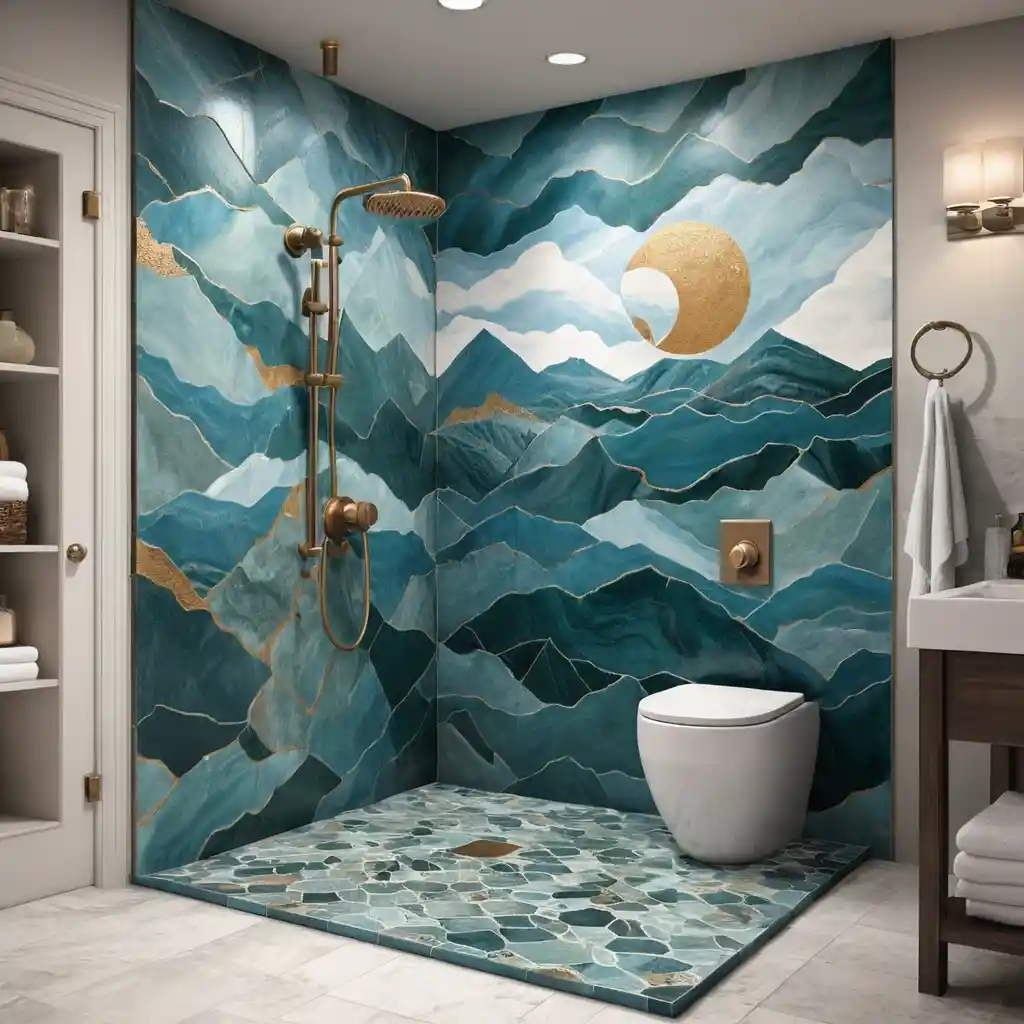 Walk-In Shower with Artistic Tile Murals 