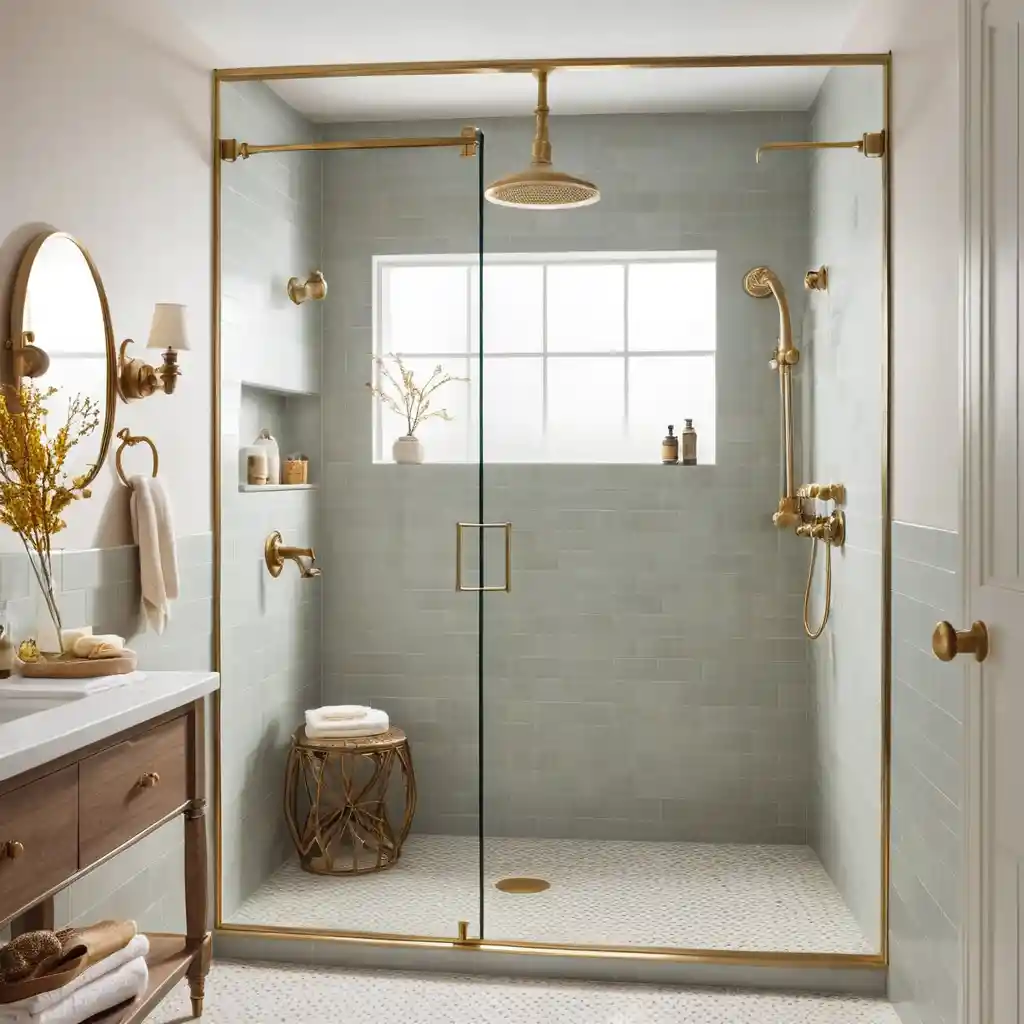 Walk-In Shower with Brass Fixtures