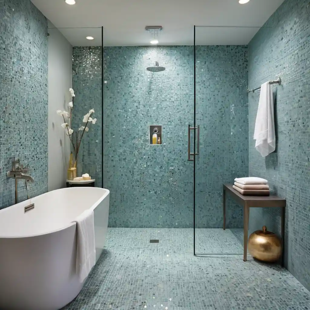 Walk-In Shower with Floor-to-Ceiling Mosaic Accent Wall