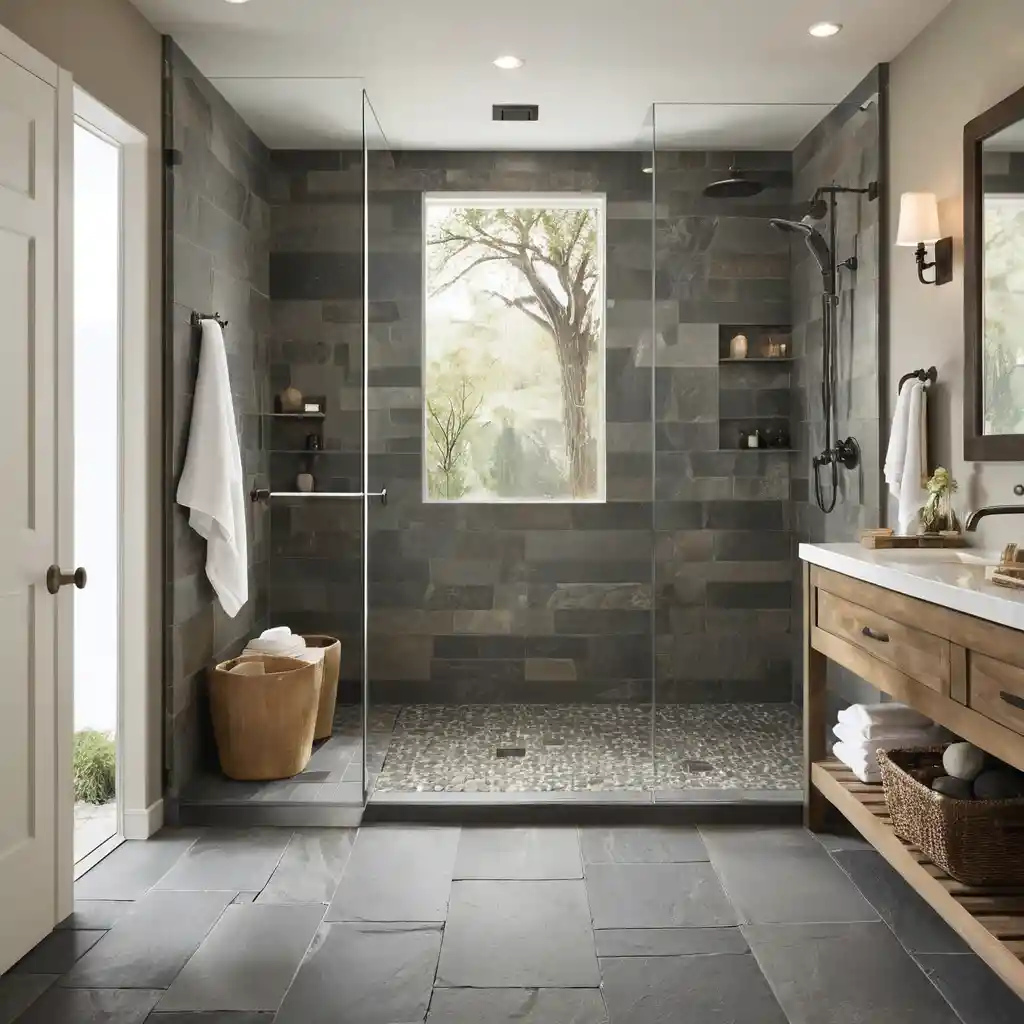 Walk-In Shower with Natural Stone Flooring