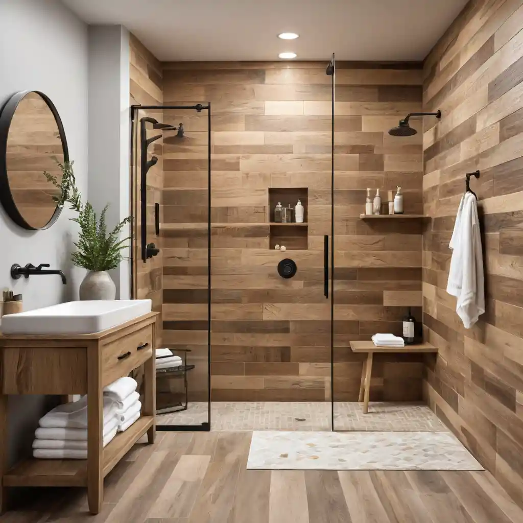 Walk-In Shower with Natural Wood Accents