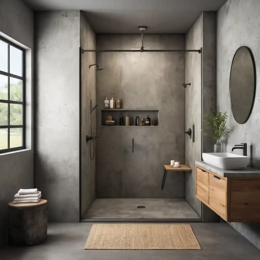 Walk-In Shower with Textured Concrete Walls