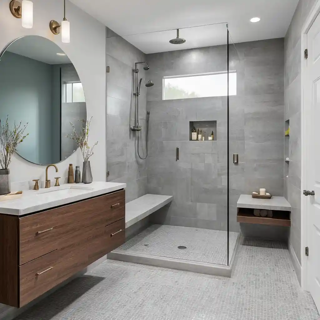 Walk-In Shower with Floating Vanity Nearby