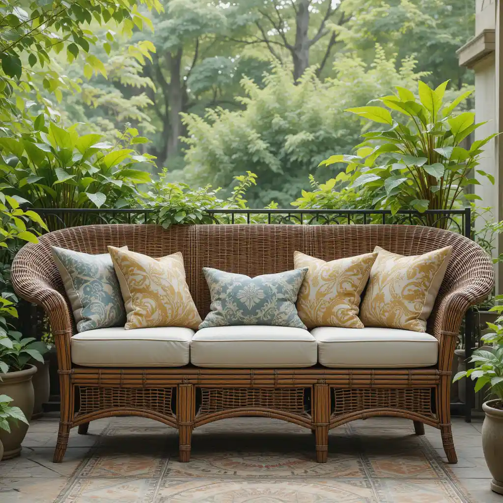 Wicker Sofa with Throw Pillows